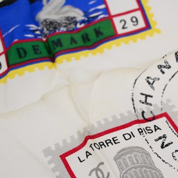 CHANEL CC Logo Stamp Pattern Scarf Handkerchief 100% Silk Blue Accessory 61RJ341 - Picture 11 of 11